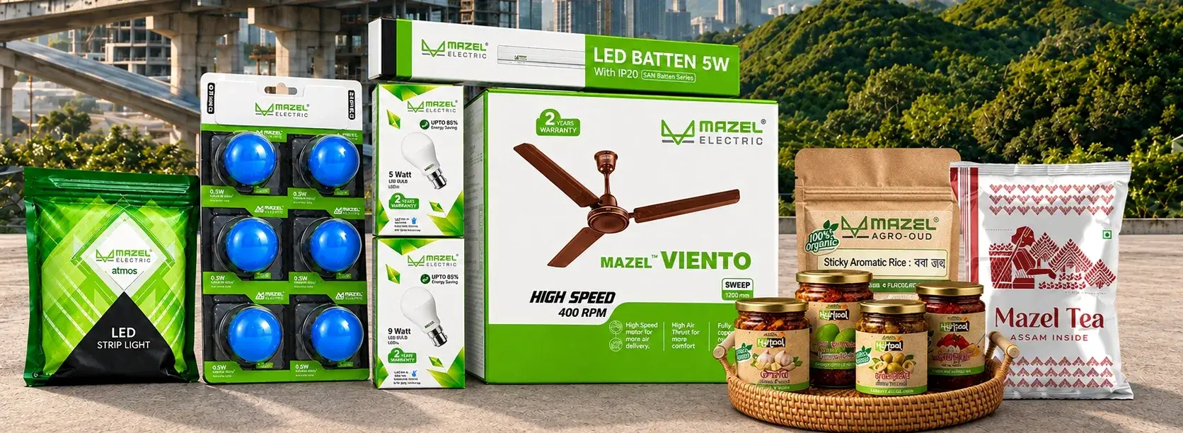 Mazel Electric strip light, LED bulbs, batten and Viento ceiling fan beside Agro-Oud aromatic rice, HyHaal pickles and Mazel Tea